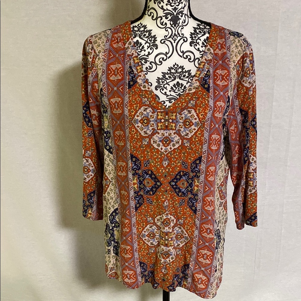 Crosby Orange and Blue Graphic Blouse 100% Rayon